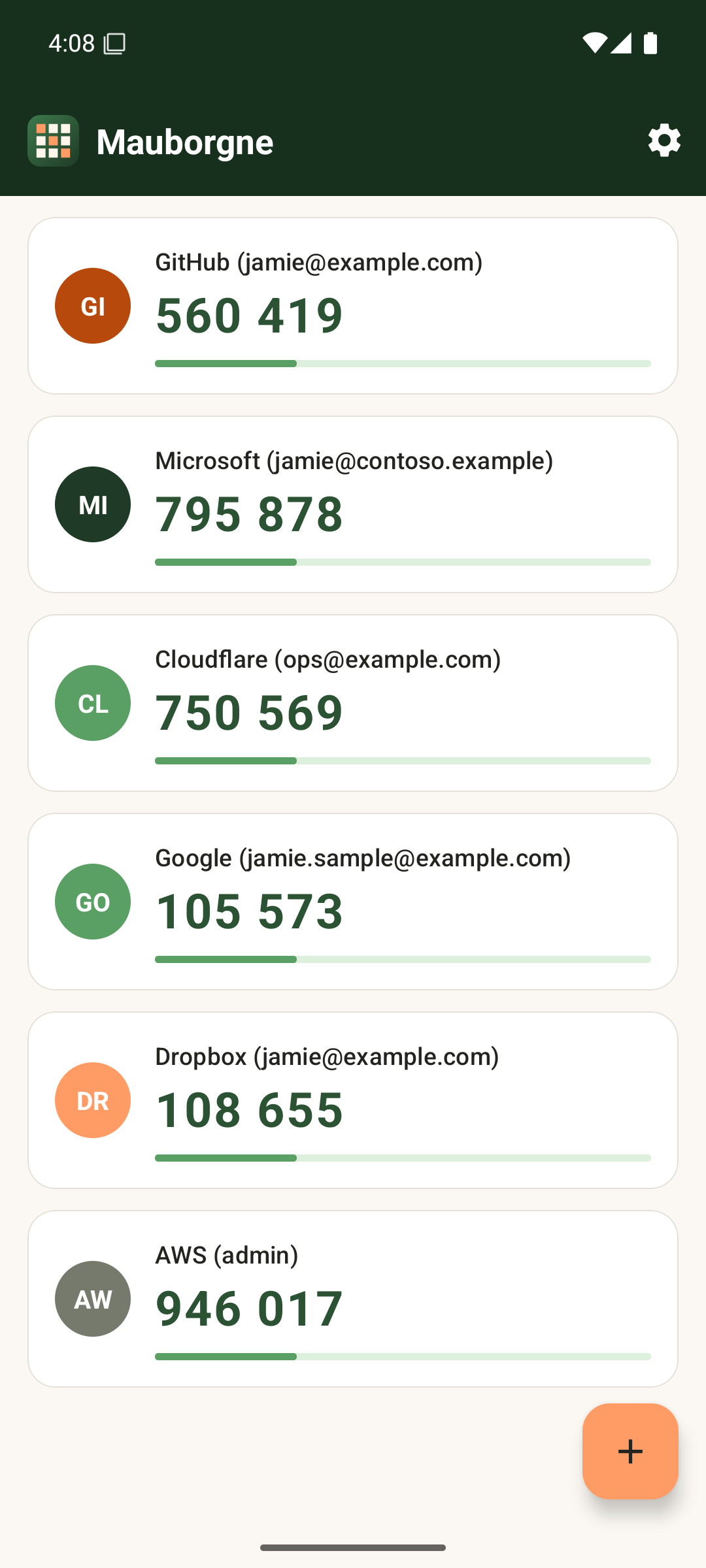 The Mauborgne Android app showing the same accounts