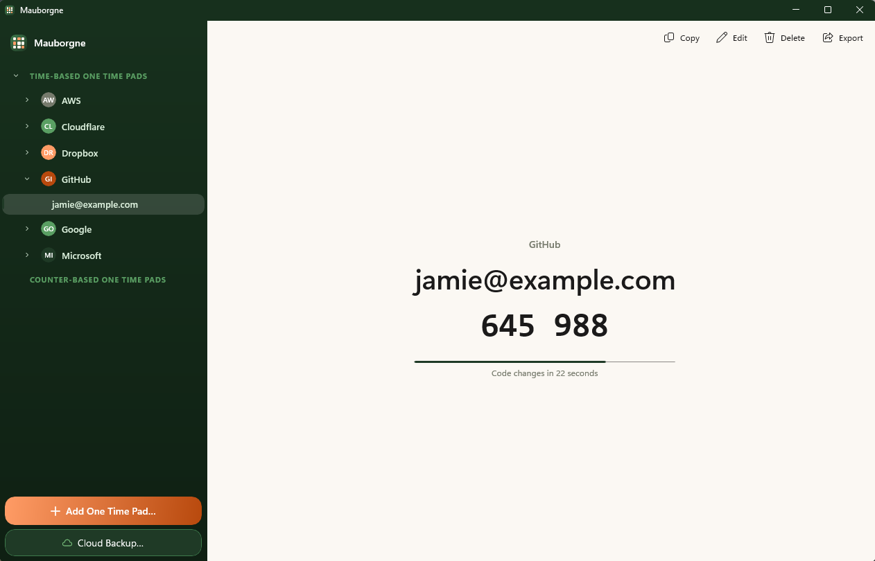 The Mauborgne Windows app showing a list of accounts with live one-time codes